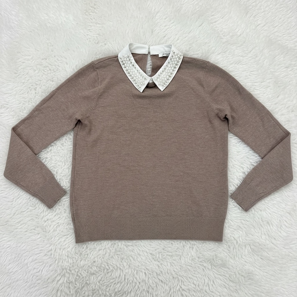 Siani Milano Women's Taupe Pearl Embellished Collar Sweater - Size M
 b85